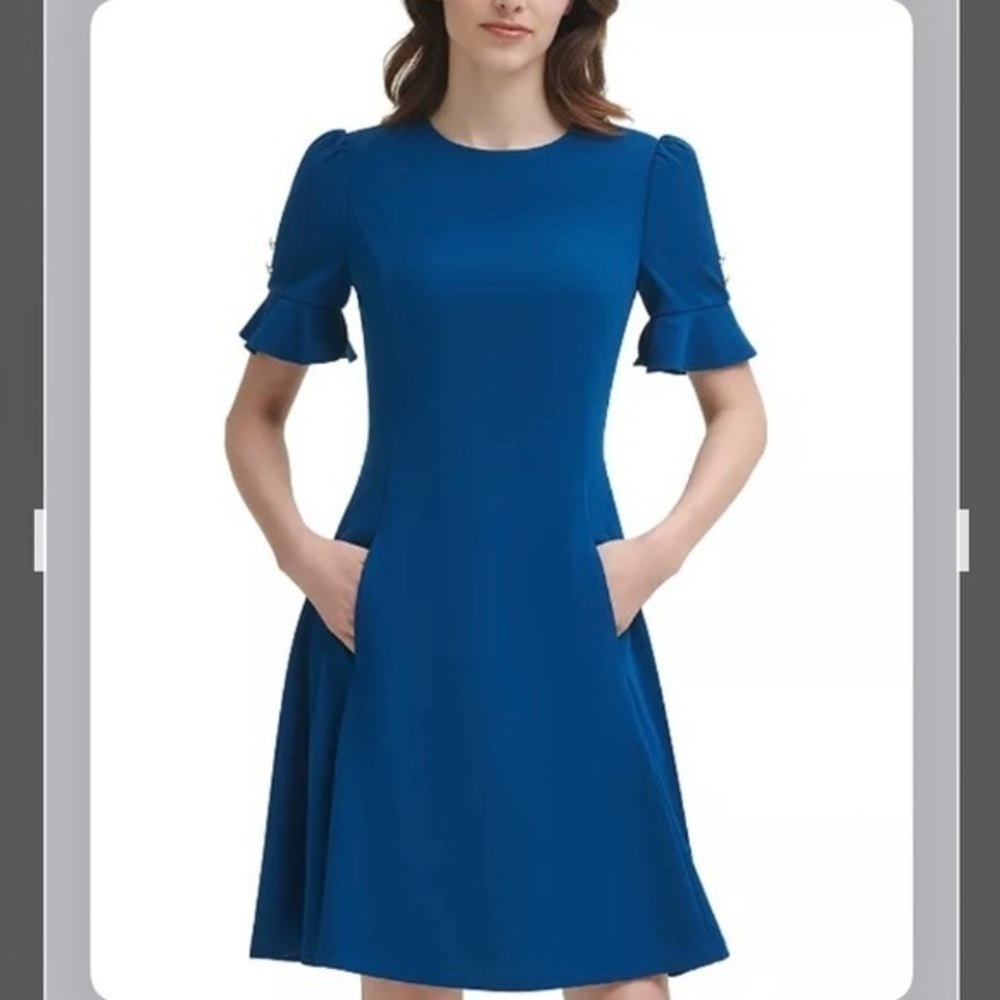 DKNY Button Sleeve Flounce Fit & Flare Dress in Blue Size 4 - Picture 4 of 14